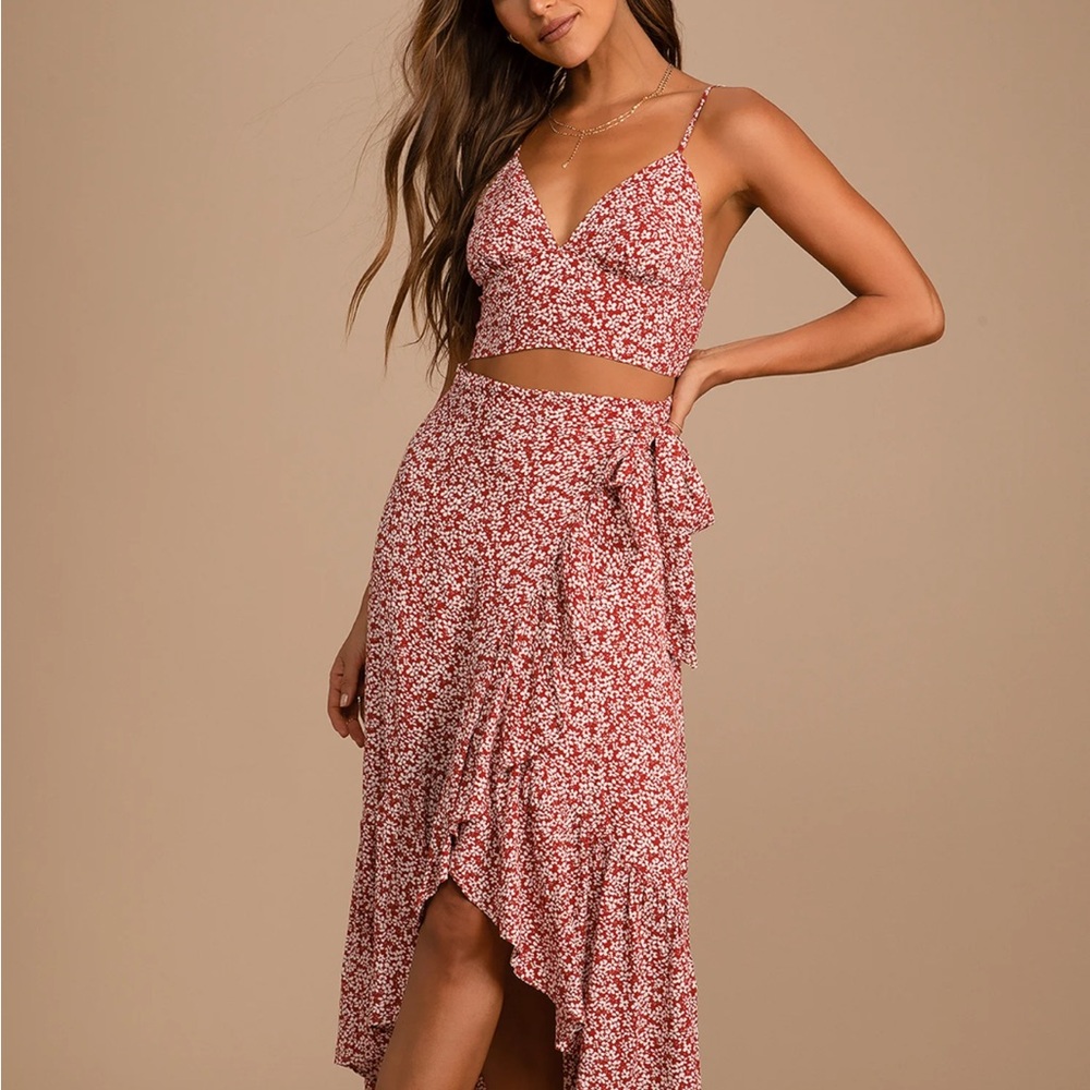 Summer Romance Rust Brown Floral Print Two-Piece Midi Dress